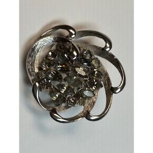 Vintage BSK Silver Tone Swirl Brooch‎ with Grey and Clear Rhinestones